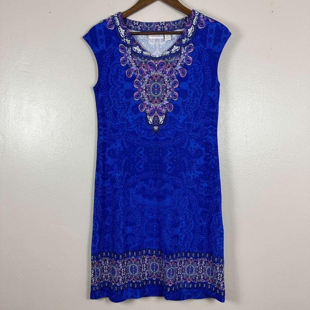 Chico's Women's S Sheath Dress Blue Medallion Paisley V-Neck Sleeveless 1H303891